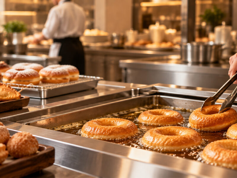 Freidora industrial con alimentos en preparación en la cocina de un restaurante.
