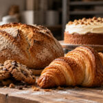 Vitrina de panadería con variedad de panes, galletas, tortas y productos de hojaldre.