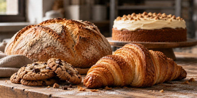 Vitrina de panadería con variedad de panes, galletas, tortas y productos de hojaldre.