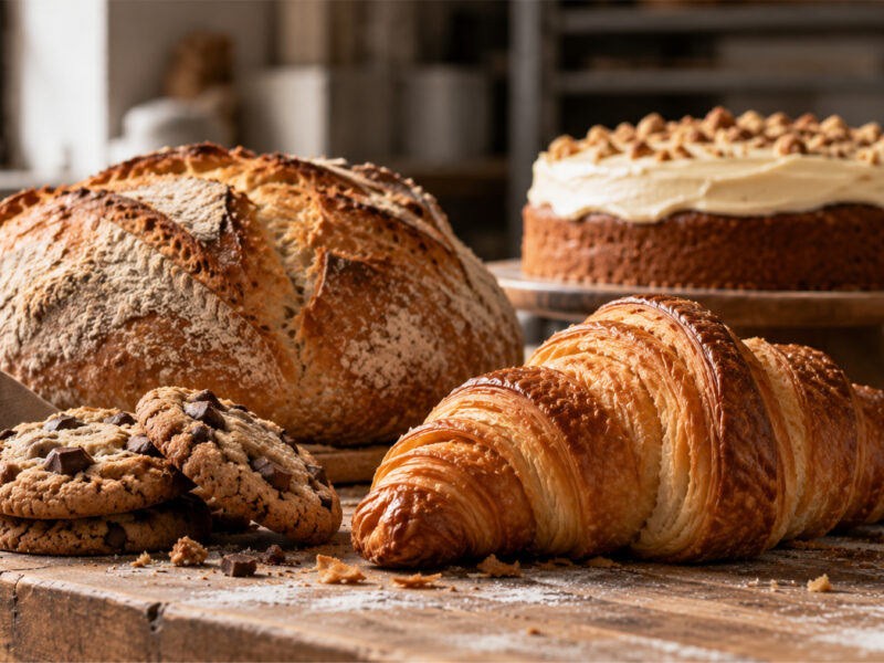 Vitrina de panadería con variedad de panes, galletas, tortas y productos de hojaldre.